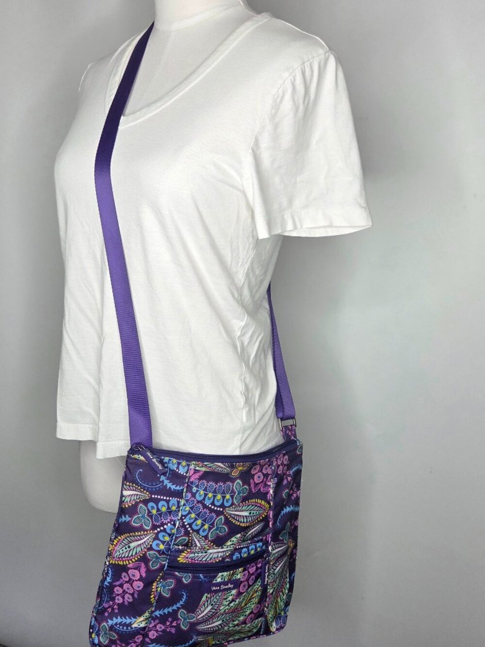 Vera Bradley Batik Leaves Purple Zipper Crossbody Bag Adjustable Retired